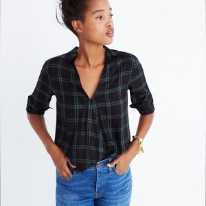 Madewell “wrapped” navy/green plaid blouse